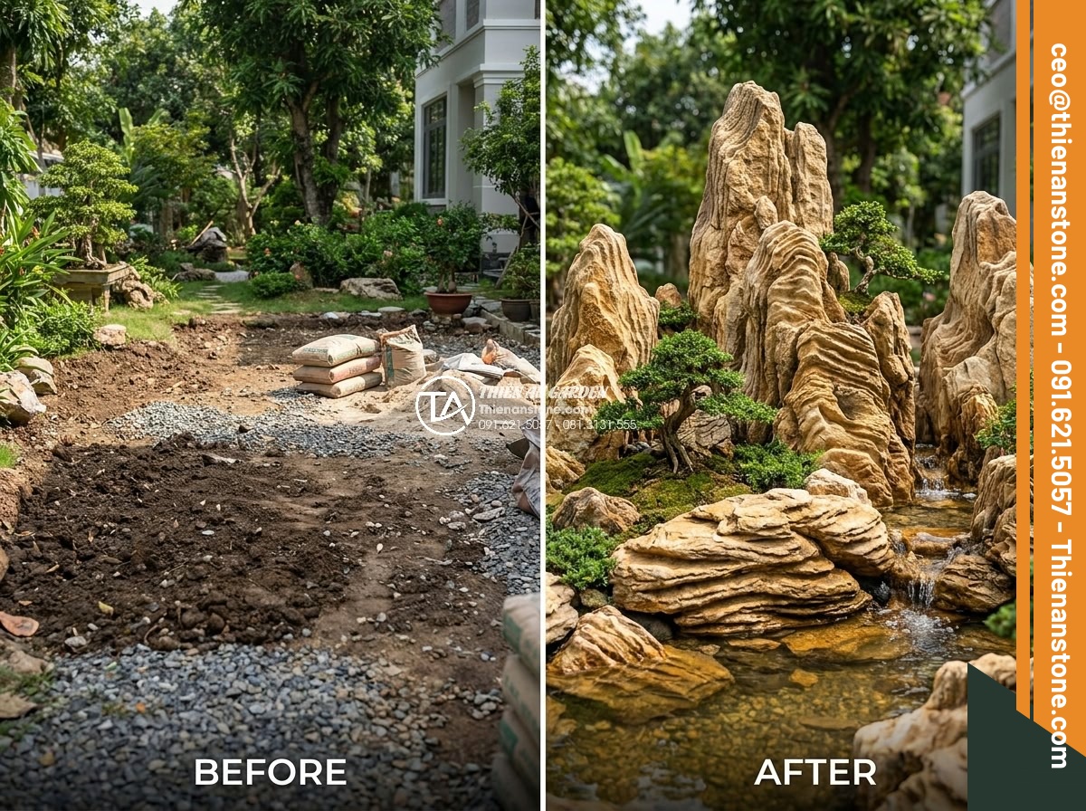 Tại sao giá đá cổ thạch làm hòn non bộ lại có sự chênh lệch lớn? - Before and after photos of professional hon non bo installation using ancient st