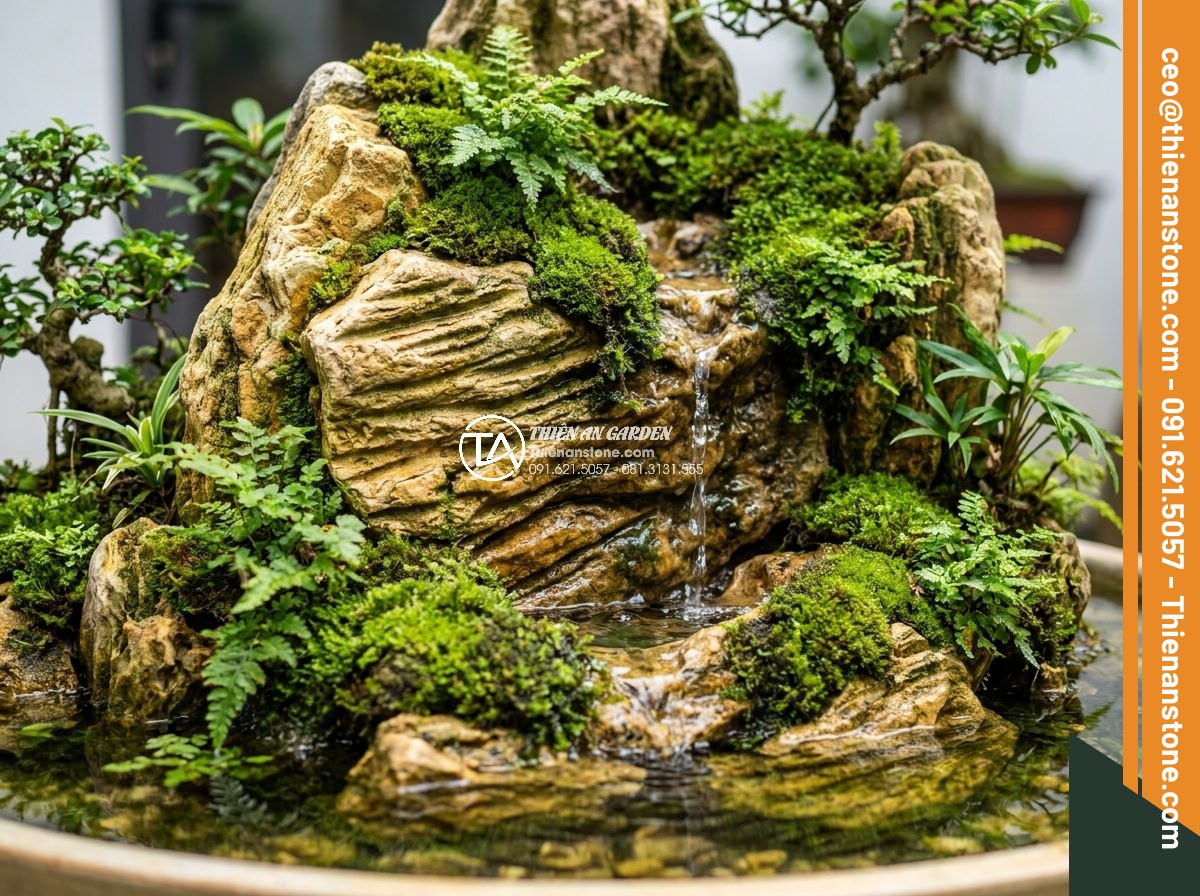 Tại sao giá đá cổ thạch làm hòn non bộ lại có sự chênh lệch lớn? - Lush green moss-covered ancient stone in thriving hon non bo with waterfall elem