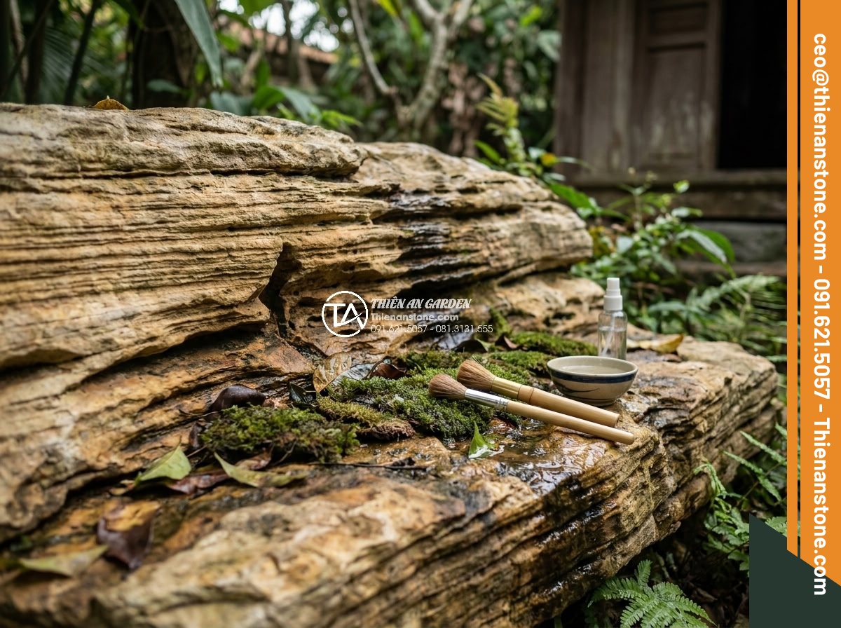 Tại sao giá đá cổ thạch làm hòn non bộ lại có sự chênh lệch lớn? - Maintenance process showing gentle cleaning and moss care on ancient stone surfa