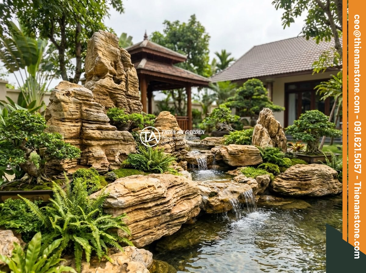 Tại sao giá đá cổ thạch làm hòn non bộ lại có sự chênh lệch lớn? - Wide angle shot of a completed hon non bo landscape featuring multiple ancient s