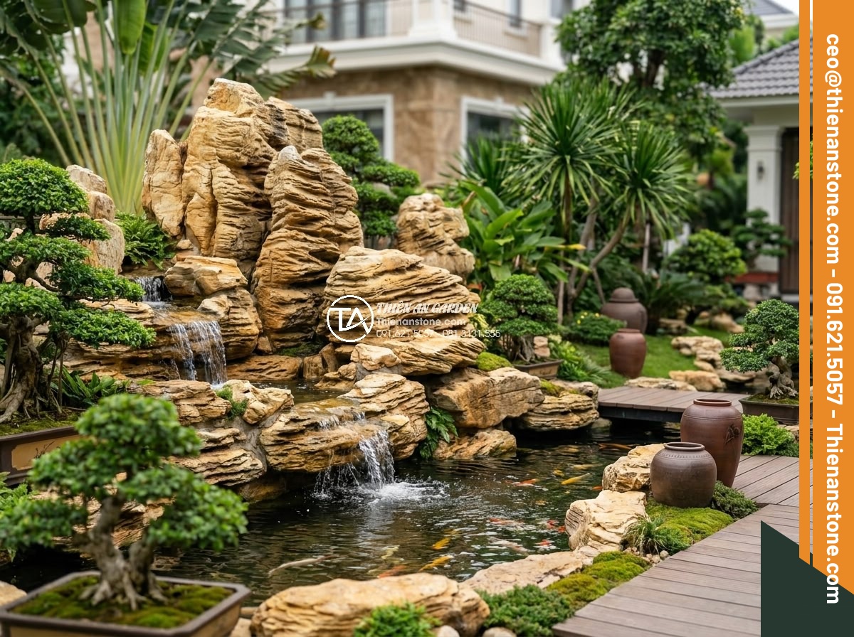 Tại sao giá đá cổ thạch làm hòn non bộ lại có sự chênh lệch lớn? - Completed luxury hon non bo project by Thien An Stone featuring premium ancient 
