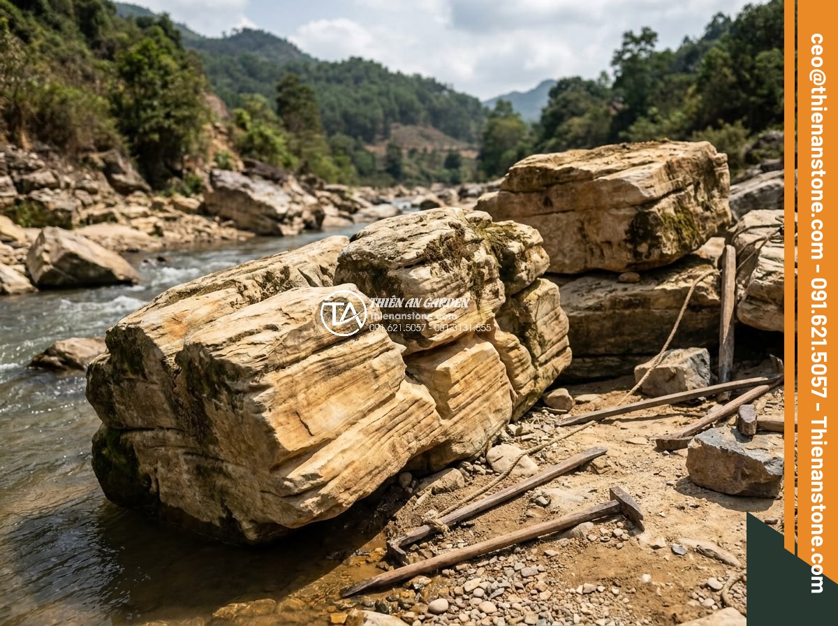 Tại sao giá đá cổ thạch làm hòn non bộ lại có sự chênh lệch lớn? - Realistic scene of manual quarrying process for ancient stones in mountainous re