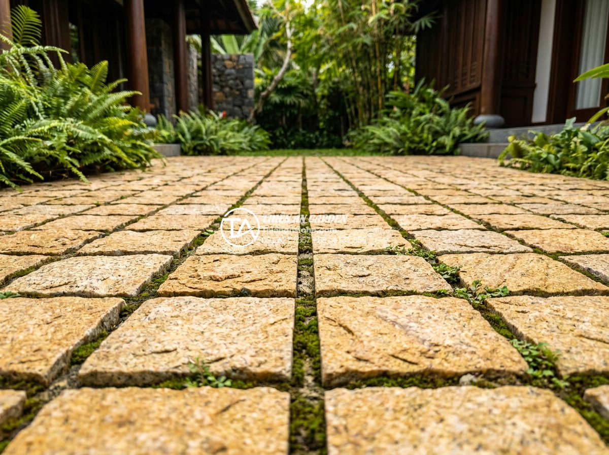 Tại sao sân vườn resort thường xuyên sử dụng đá cubic lát sân? - Close-up view of perfectly cut cubic natural stones arranged in a grid pattern o