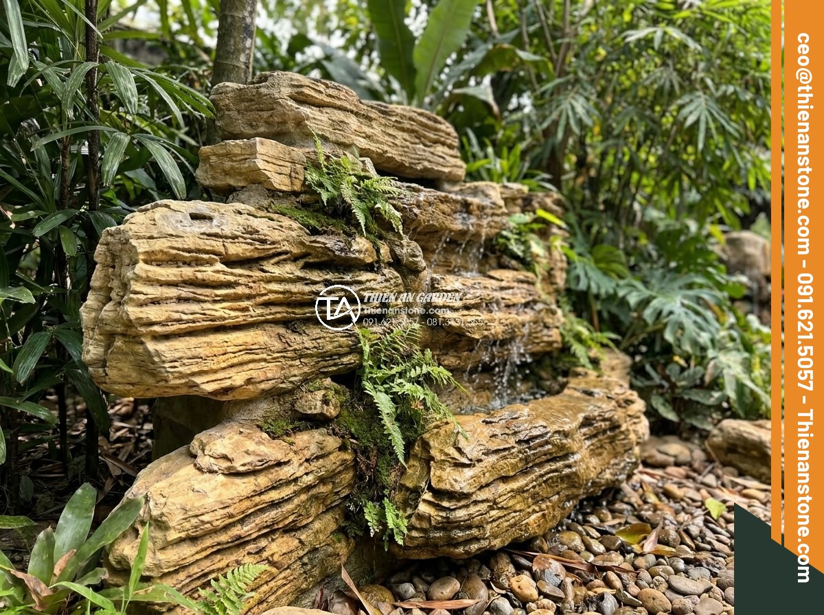 Tạo hệ thống phun sương cho thác nước đá cổ thạch: Hướng dẫn chi tiết - Hình 1 Tạo hệ thống phun sương cho thác nước đá cổ thạch: Hướng dẫn chi tiết - Close-up view of ancient natural stone waterfall structure made from dark gray f