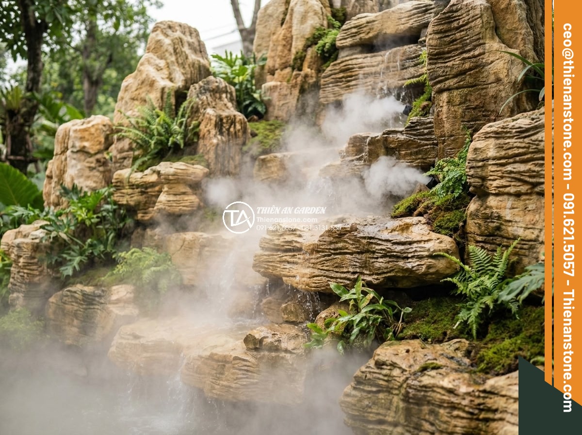 Tạo hệ thống phun sương cho thác nước đá cổ thạch: Hướng dẫn chi tiết - Hình 10 Tạo hệ thống phun sương cho thác nước đá cổ thạch: Hướng dẫn chi tiết - Optimized misting system design rendering for fossilized stone waterfall showing