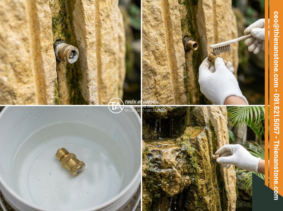 Tạo hệ thống phun sương cho thác nước đá cổ thạch: Hướng dẫn chi tiết - Hình 15 Tạo hệ thống phun sương cho thác nước đá cổ thạch: Hướng dẫn chi tiết - Maintenance guide showing cleaning process of mist nozzles on stone waterfall
