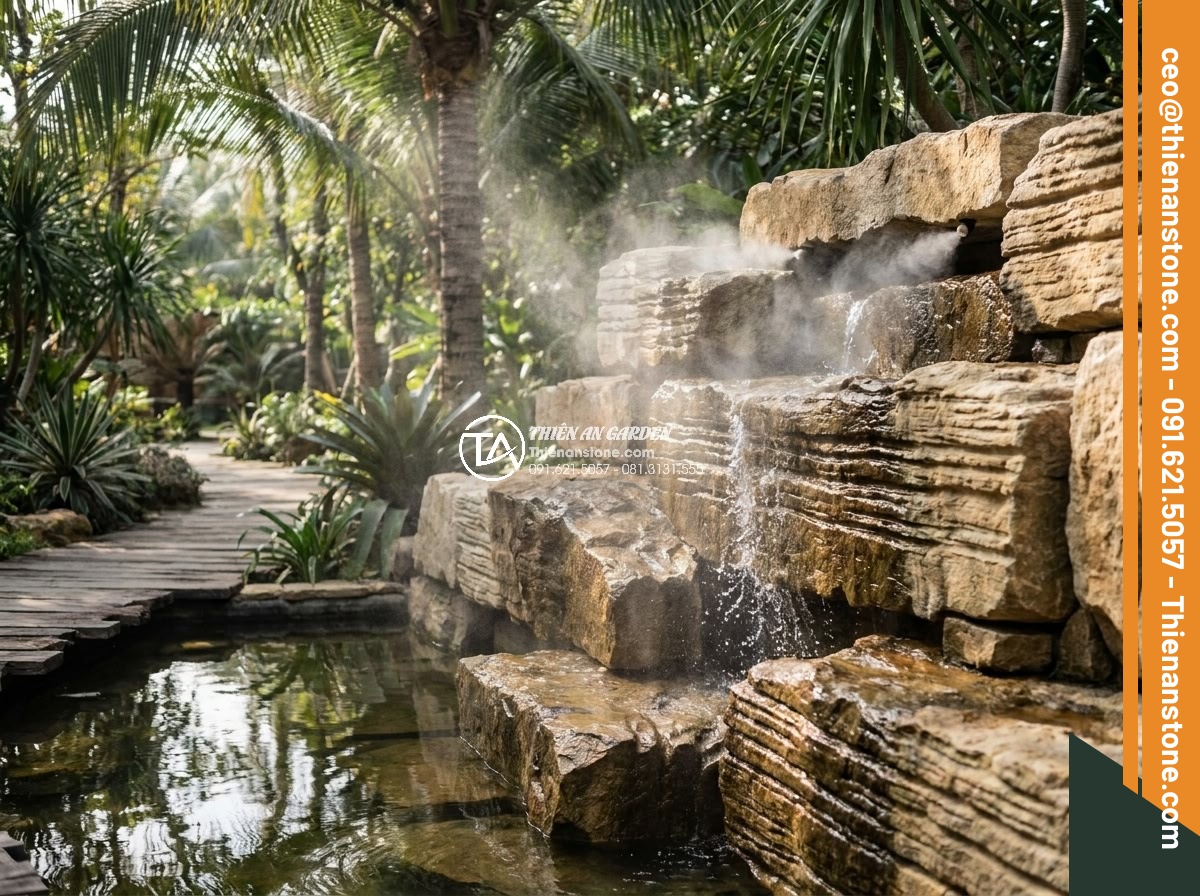 Tạo hệ thống phun sương cho thác nước đá cổ thạch: Hướng dẫn chi tiết - Hình 19 Tạo hệ thống phun sương cho thác nước đá cổ thạch: Hướng dẫn chi tiết - Real life application of misting ancient stone waterfall in luxury villa garden