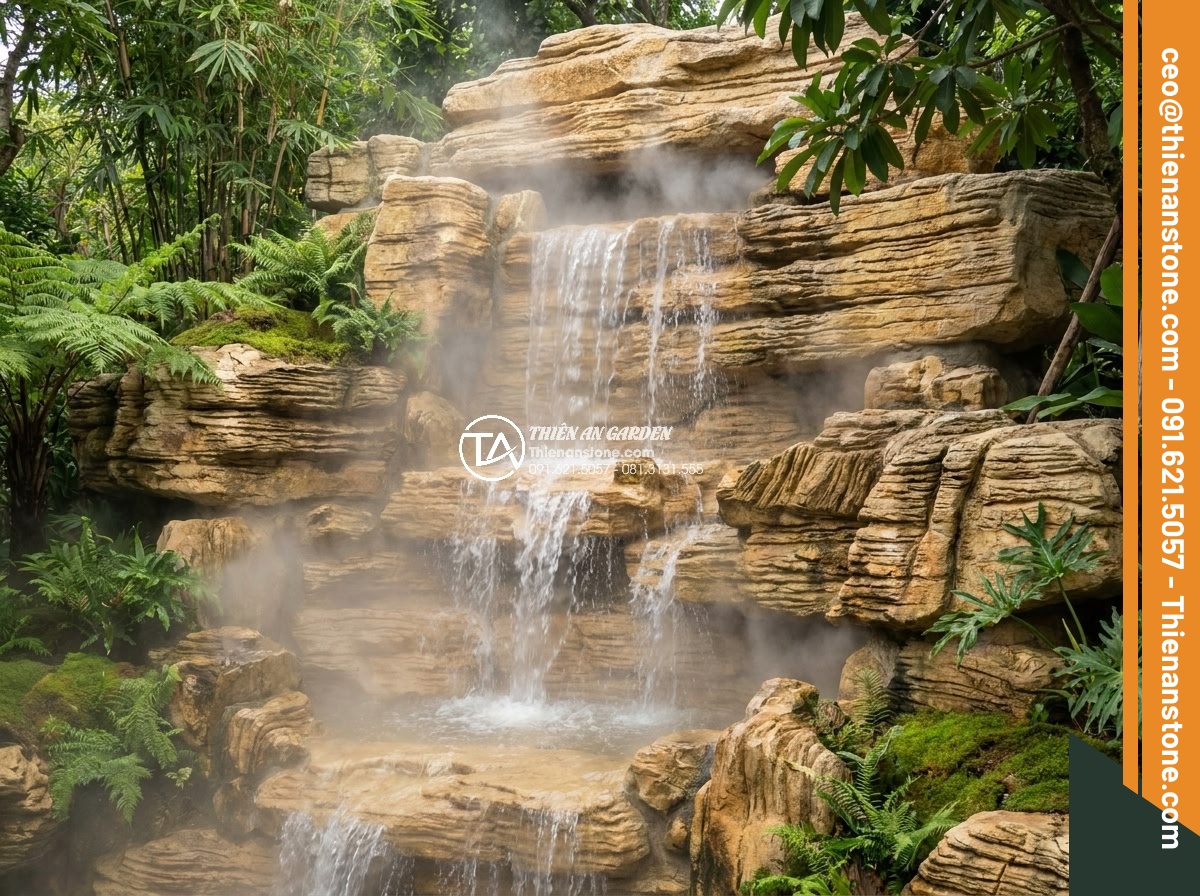 Tạo hệ thống phun sương cho thác nước đá cổ thạch: Hướng dẫn chi tiết - Hình 2 Tạo hệ thống phun sương cho thác nước đá cổ thạch: Hướng dẫn chi tiết - Wide angle shot of complete ancient stone waterfall with active misting system c
