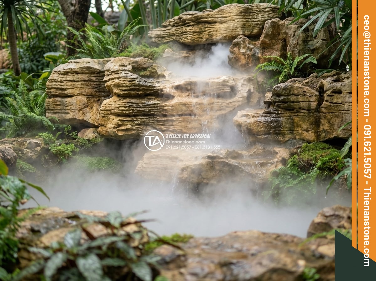 Tạo hệ thống phun sương cho thác nước đá cổ thạch: Hướng dẫn chi tiết - Hình 3 Tạo hệ thống phun sương cho thác nước đá cổ thạch: Hướng dẫn chi tiết - Detailed image showing benefits of mist system on ancient stone waterfall includ