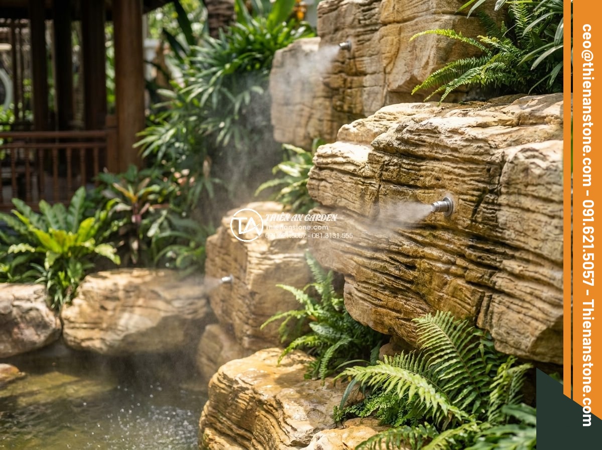Tạo hệ thống phun sương cho thác nước đá cổ thạch: Hướng dẫn chi tiết - Hình 4 Tạo hệ thống phun sương cho thác nước đá cổ thạch: Hướng dẫn chi tiết - Professional photograph of misting system installed on fossilized stone waterfal