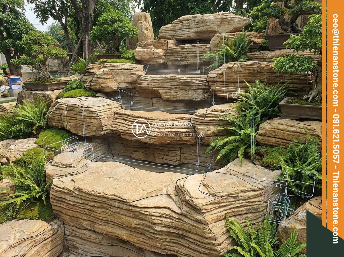 Tạo hệ thống phun sương cho thác nước đá cổ thạch: Hướng dẫn chi tiết - Hình 9 Tạo hệ thống phun sương cho thác nước đá cổ thạch: Hướng dẫn chi tiết - 3D design blueprint of misting system layout for multi-tier ancient stone waterf