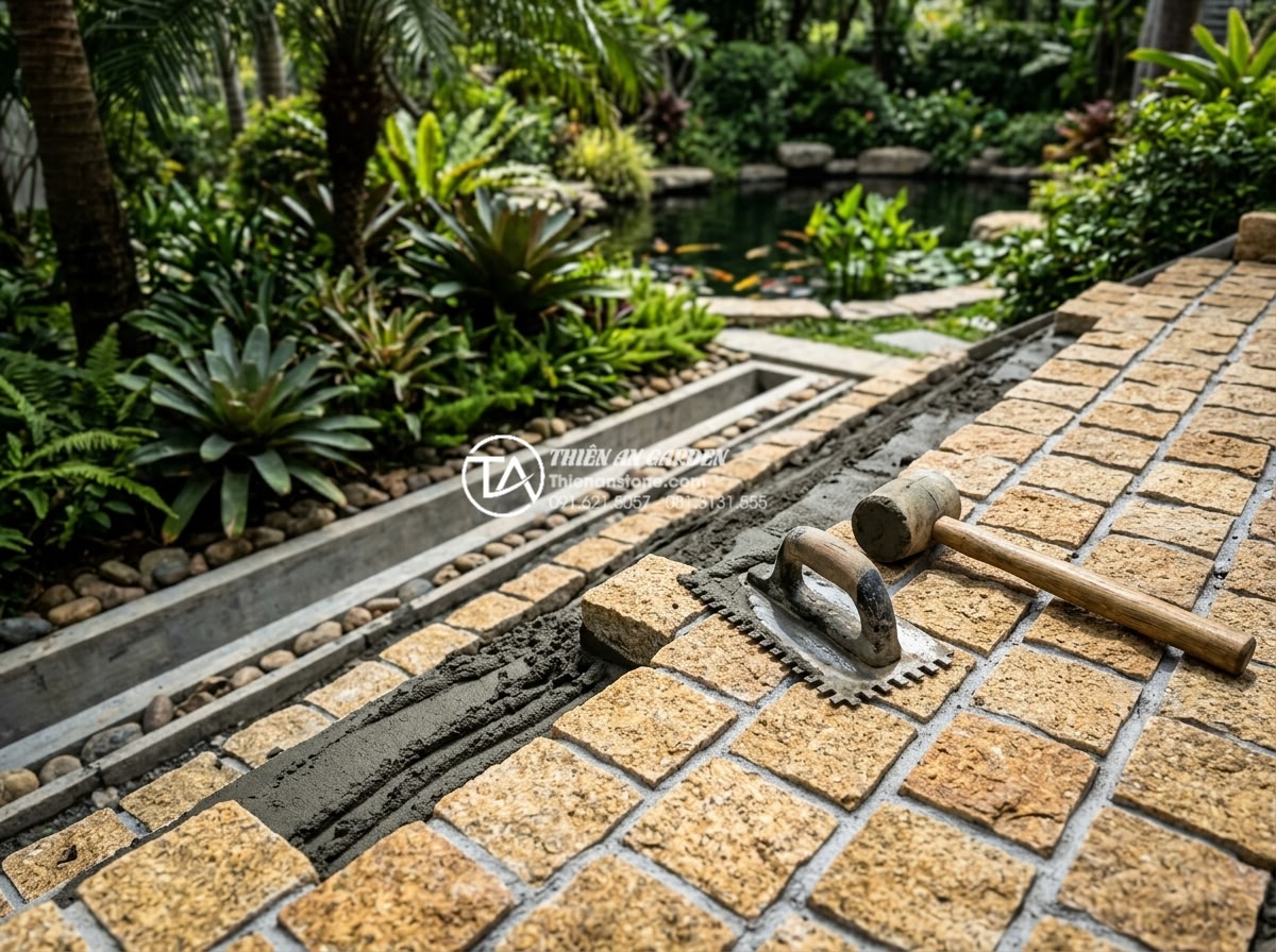 Thi công đá cubic tại khu vực có độ dốc cao: Lưu ý về kỹ thuật bám dính - Professional close-up photograph of premium natural cubic granite stone paving o