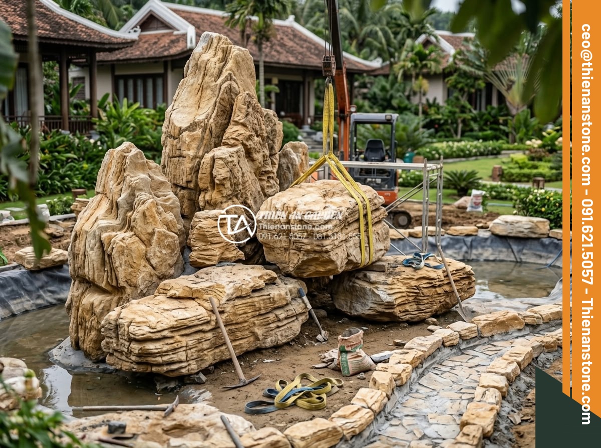 Thi công hòn non bộ đá cổ thạch: Quy trình từ ý tưởng đến hoàn thiện - Hình 2 Thi công hòn non bộ đá cổ thạch: Quy trình từ ý tưởng đến hoàn thiện - Detailed landscape photography of ancient stone rockery construction in progress