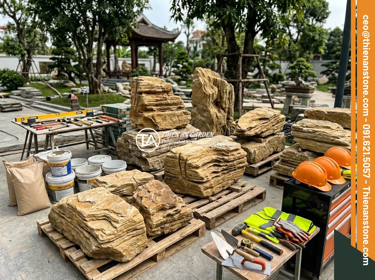 Thi công hòn non bộ đá cổ thạch: Quy trình từ ý tưởng đến hoàn thiện - Hình 5 Thi công hòn non bộ đá cổ thạch: Quy trình từ ý tưởng đến hoàn thiện - Wide angle professional photograph of construction site preparation for ancient