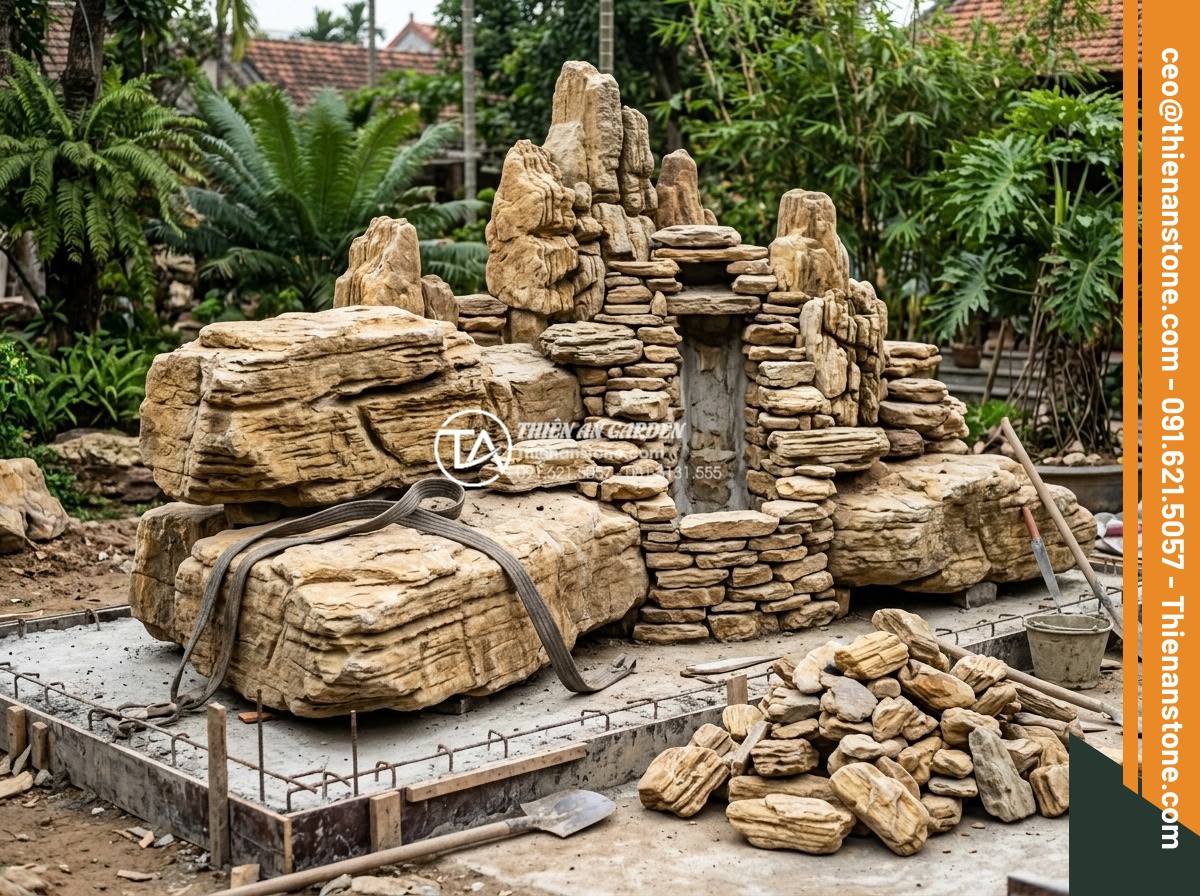 Thi công hòn non bộ đá cổ thạch: Quy trình từ ý tưởng đến hoàn thiện - Hình 6 Thi công hòn non bộ đá cổ thạch: Quy trình từ ý tưởng đến hoàn thiện - Step-by-step construction sequence photograph of thi công hòn non bộ đá cổ thạch