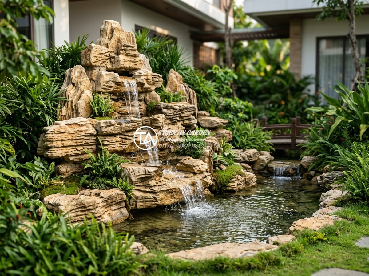 Thiết kế thác nước đá cổ thạch sân vườn: Nghệ thuật sắp đặt dòng chảy - Elegant garden waterfall made from ancient natural stone with multiple cascading