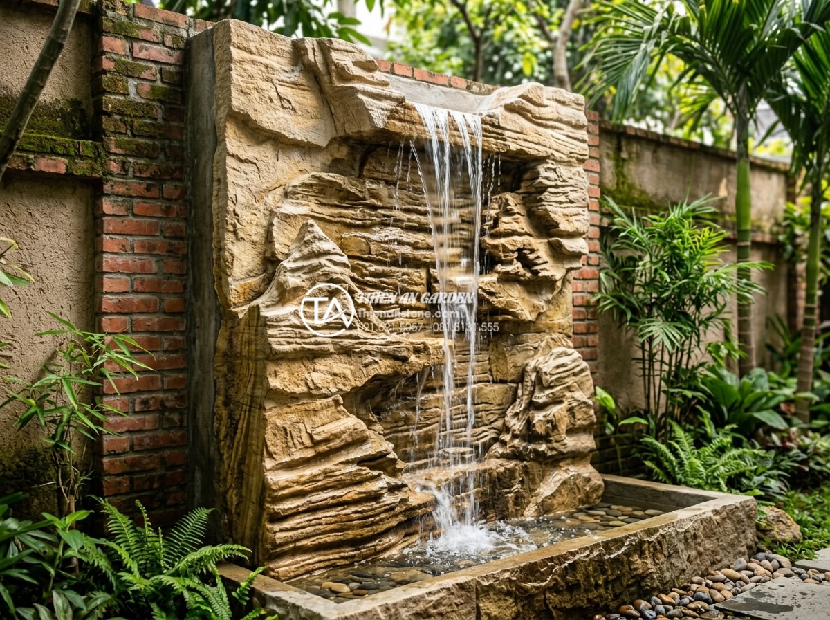 Thiết kế thác nước đá cổ thạch sân vườn: Nghệ thuật sắp đặt dòng chảy - Wall-mounted ancient stone waterfall feature with vertical water flow for space-