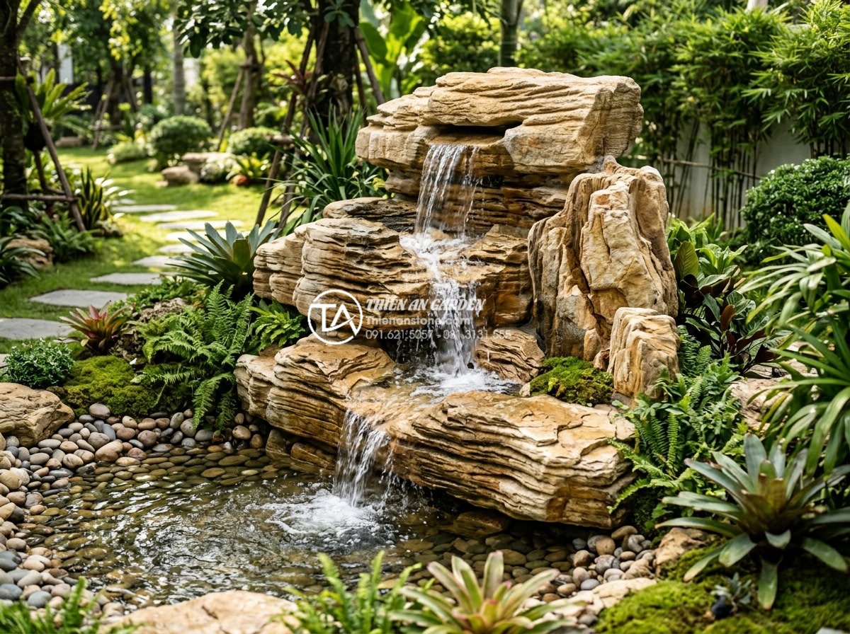 Thiết kế thác nước đá cổ thạch sân vườn: Nghệ thuật sắp đặt dòng chảy - Professional team from Da Canh Thien An company installing high-quality ancient 
