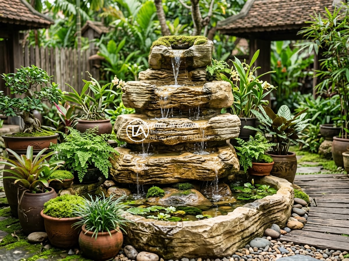 Thiết kế thác nước đá cổ thạch sân vườn: Nghệ thuật sắp đặt dòng chảy - Compact mini ancient stone waterfall design suitable for small gardens with 3-4 