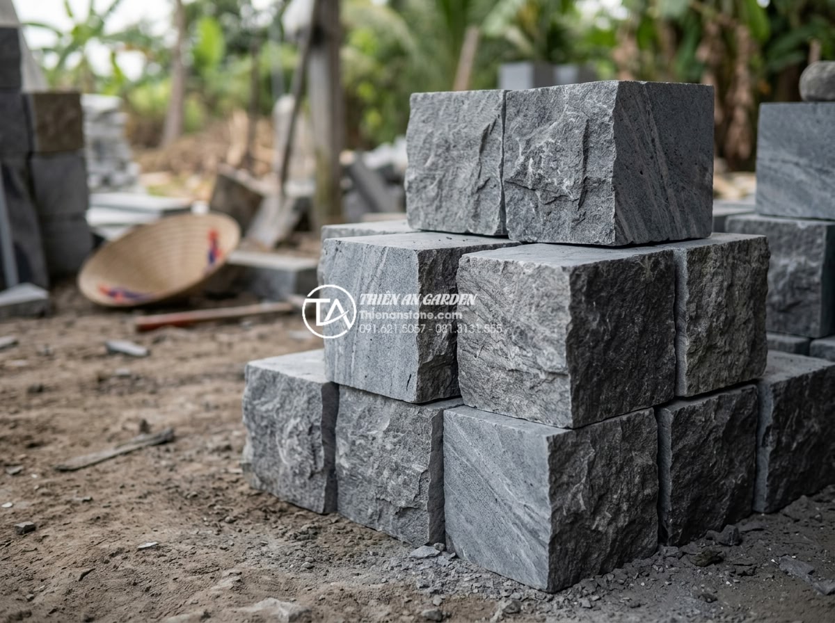 Tìm hiểu quy trình khai thác và sản xuất đá cubic từ mỏ đá tự nhiên - High-resolution close-up photograph of natural cubic stone blocks with sharp edg