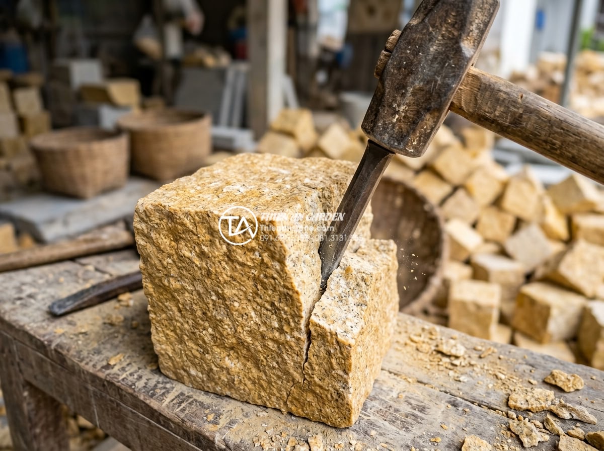 Tìm hiểu quy trình khai thác và sản xuất đá cubic từ mỏ đá tự nhiên - Artisan hands using traditional chisels and hammers to hand-split cubic stone pi