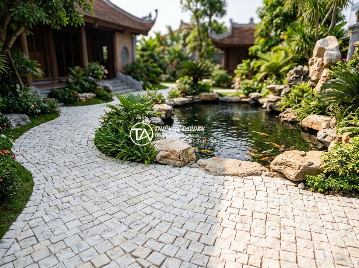 Tìm hiểu quy trình khai thác và sản xuất đá cubic từ mỏ đá tự nhiên - Beautiful landscaped garden featuring natural cubic stone paving for pathways an