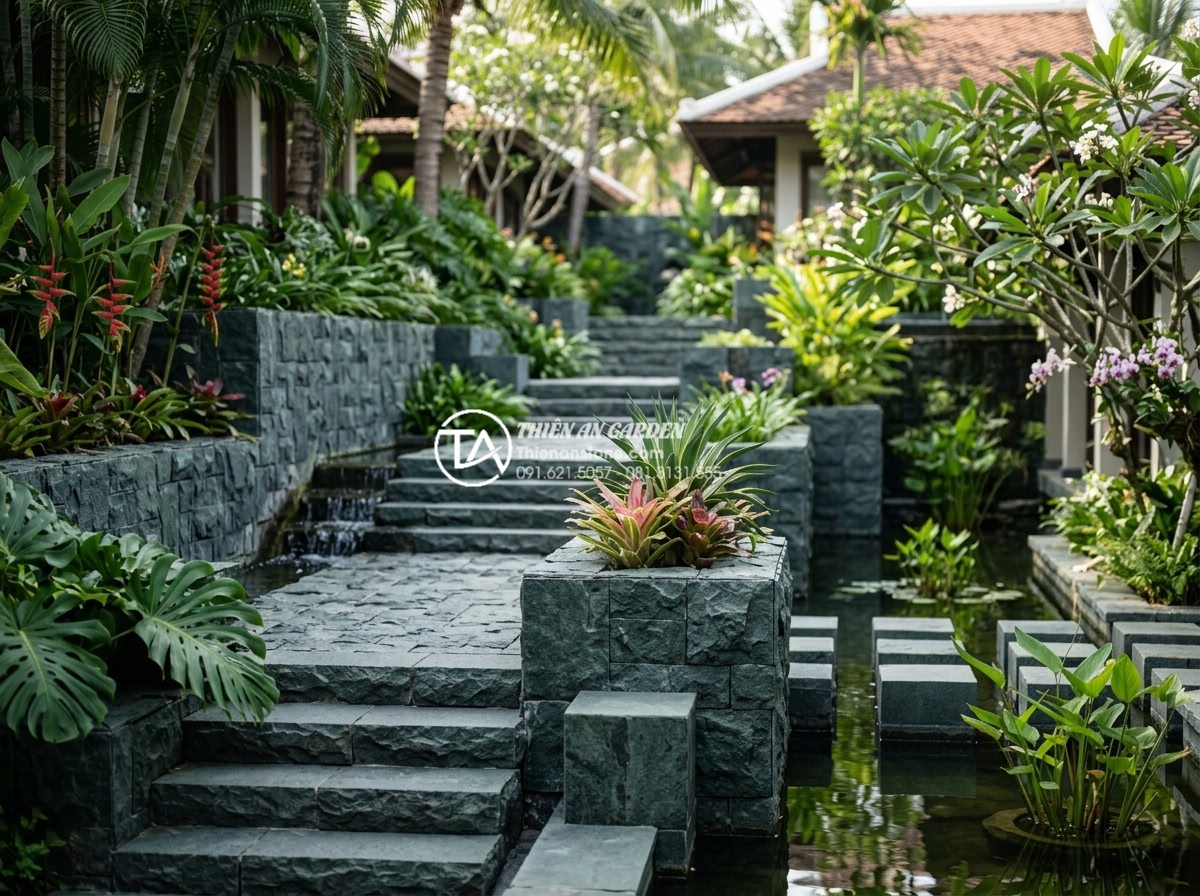 Tìm hiểu quy trình khai thác và sản xuất đá cubic từ mỏ đá tự nhiên - Modern resort non-bo garden design using cubic natural stones for retaining wall