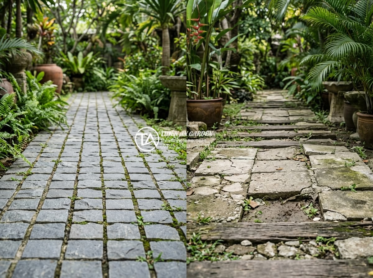 Tìm hiểu quy trình khai thác và sản xuất đá cubic từ mỏ đá tự nhiên - Comparison photo showing durable cubic stone pathway after years of outdoor expo