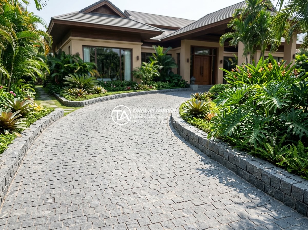 Tìm hiểu quy trình khai thác và sản xuất đá cubic từ mỏ đá tự nhiên - Luxurious villa exterior with extensive cubic natural stone landscaping includin
