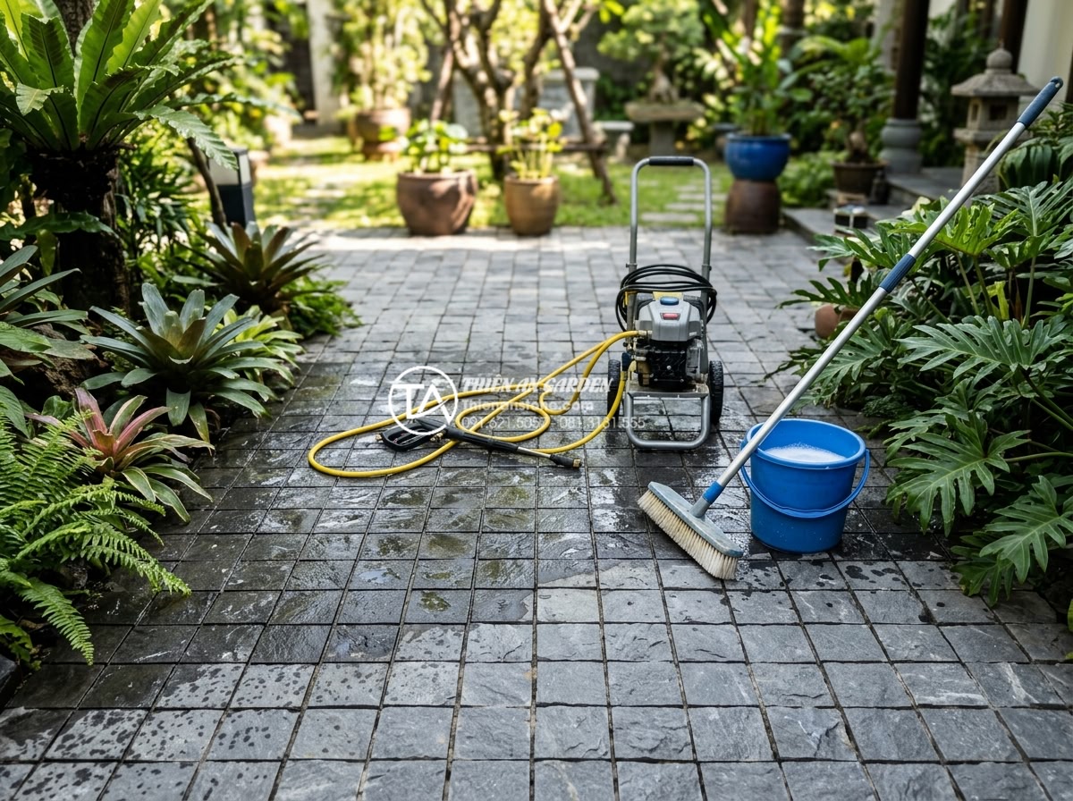 Tìm hiểu quy trình khai thác và sản xuất đá cubic từ mỏ đá tự nhiên - Maintenance worker cleaning cubic stone pavers with pressure washer and soft bru