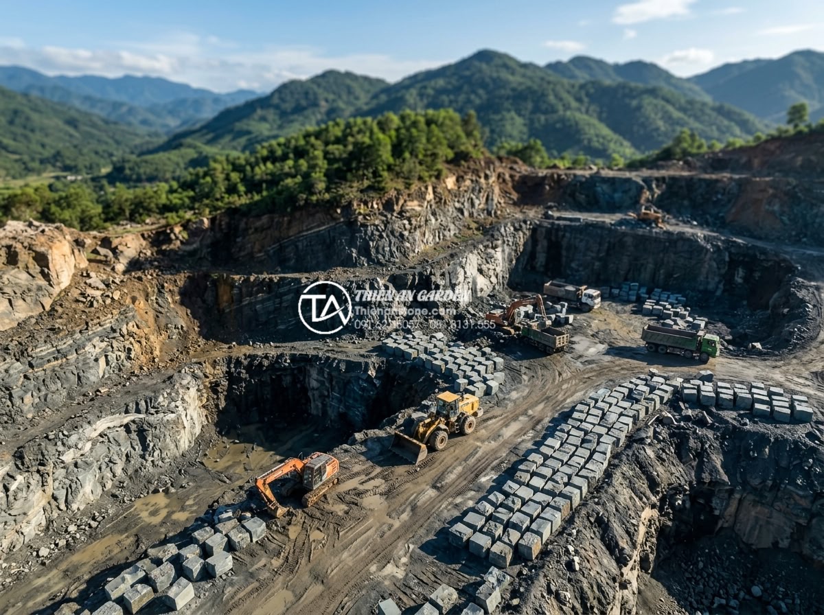 Tìm hiểu quy trình khai thác và sản xuất đá cubic từ mỏ đá tự nhiên - Aerial photograph of a large natural stone quarry in Vietnam with visible basalt