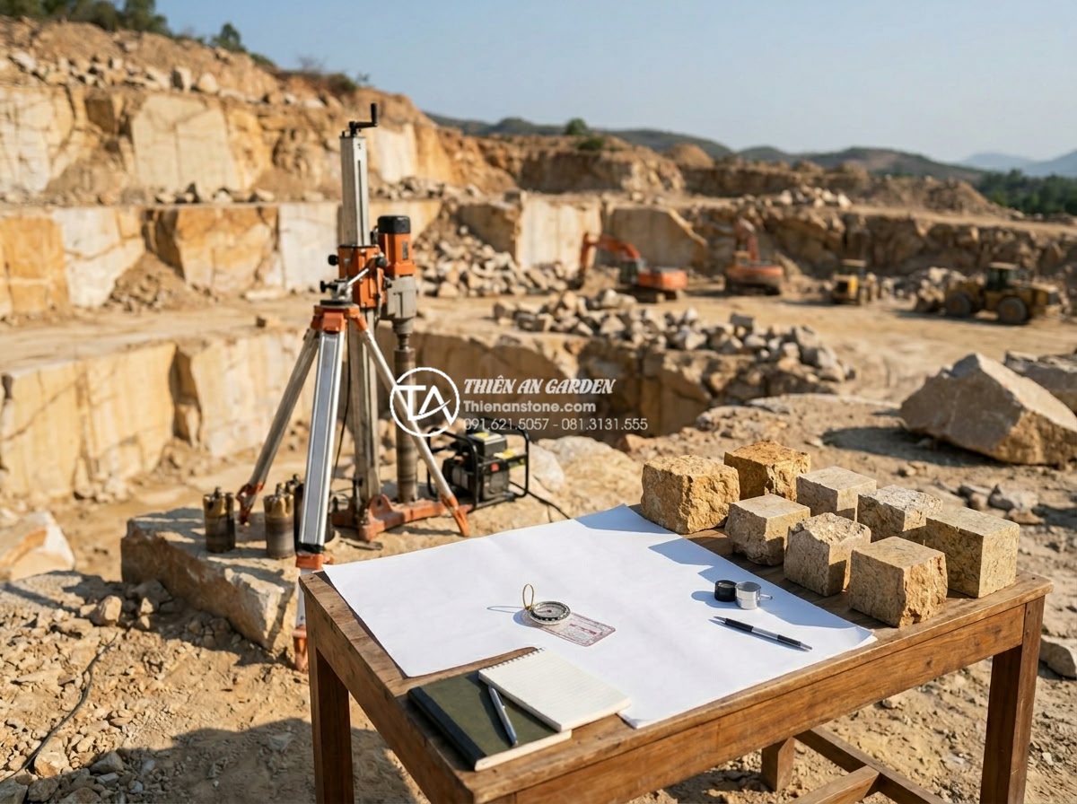 Tìm hiểu quy trình khai thác và sản xuất đá cubic từ mỏ đá tự nhiên - Professional engineers using drilling equipment and geological mapping tools at 