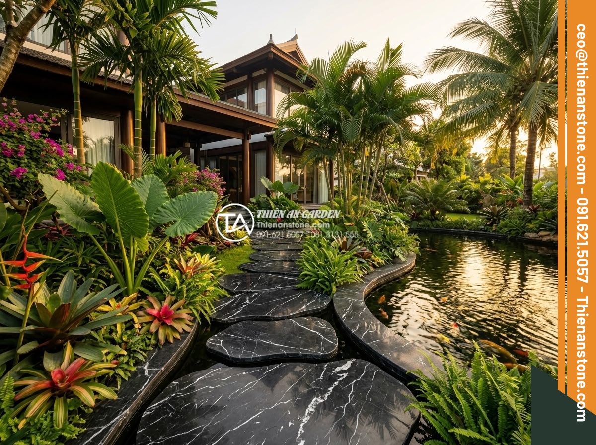 Tổng kho phân phối đá dặm bước sân vườn uy tín, giá rẻ tại Hà Nội & HCM - Hình 1 Tổng kho phân phối đá dặm bước sân vườn uy tín, giá rẻ tại Hà Nội & HCM - Wide angle professional landscape photograph of a luxurious modern Vietnamese vi