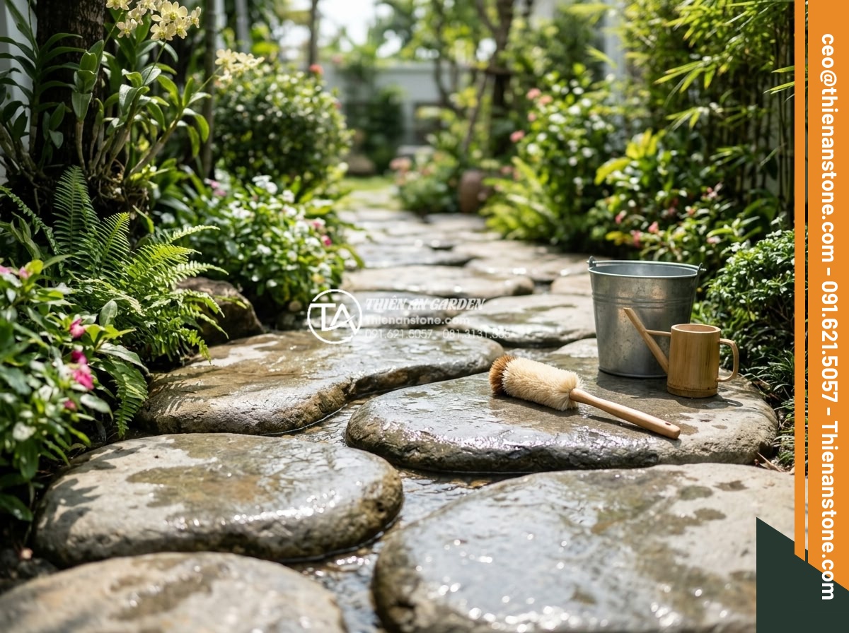 Tổng kho phân phối đá dặm bước sân vườn uy tín, giá rẻ tại Hà Nội & HCM - Hình 10 Tổng kho phân phối đá dặm bước sân vườn uy tín, giá rẻ tại Hà Nội & HCM - Beautiful maintenance scene photograph of a well-kept Vietnamese garden pathway