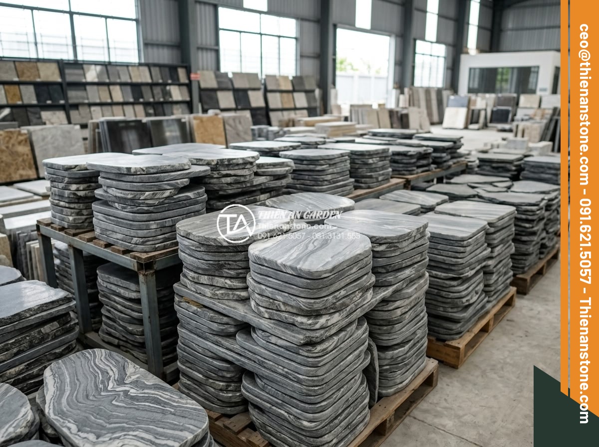 Tổng kho phân phối đá dặm bước sân vườn uy tín, giá rẻ tại Hà Nội & HCM - Hình 5 Tổng kho phân phối đá dặm bước sân vườn uy tín, giá rẻ tại Hà Nội & HCM - Clean professional product photography of neatly stacked piles of premium natura