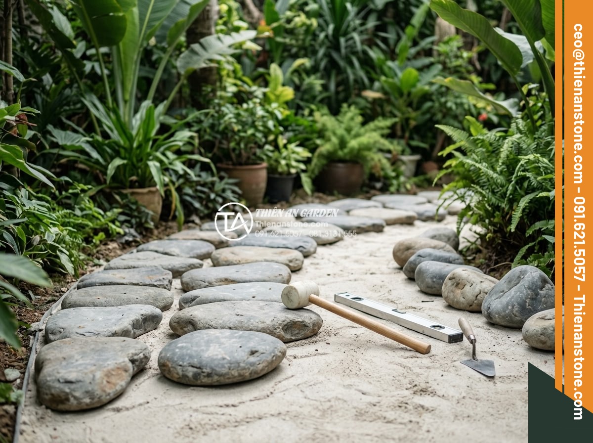 Tổng kho phân phối đá dặm bước sân vườn uy tín, giá rẻ tại Hà Nội & HCM - Hình 8 Tổng kho phân phối đá dặm bước sân vườn uy tín, giá rẻ tại Hà Nội & HCM - Step by step professional construction photography showing skilled Vietnamese wo