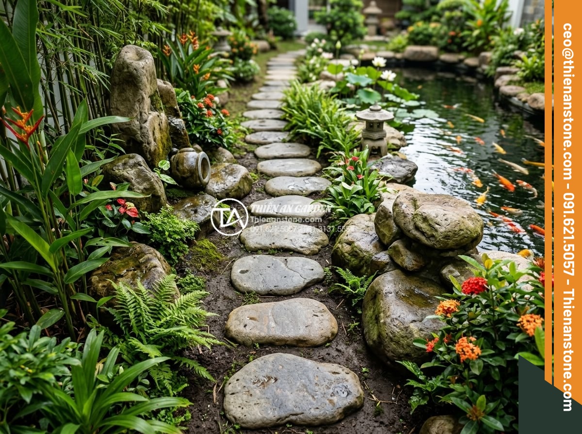 Top 10 lỗi phong thủy khi đặt đá dậm bước làm hao tài tốn của - Detailed view of natural carved stepping stones arranged in a curved path throug