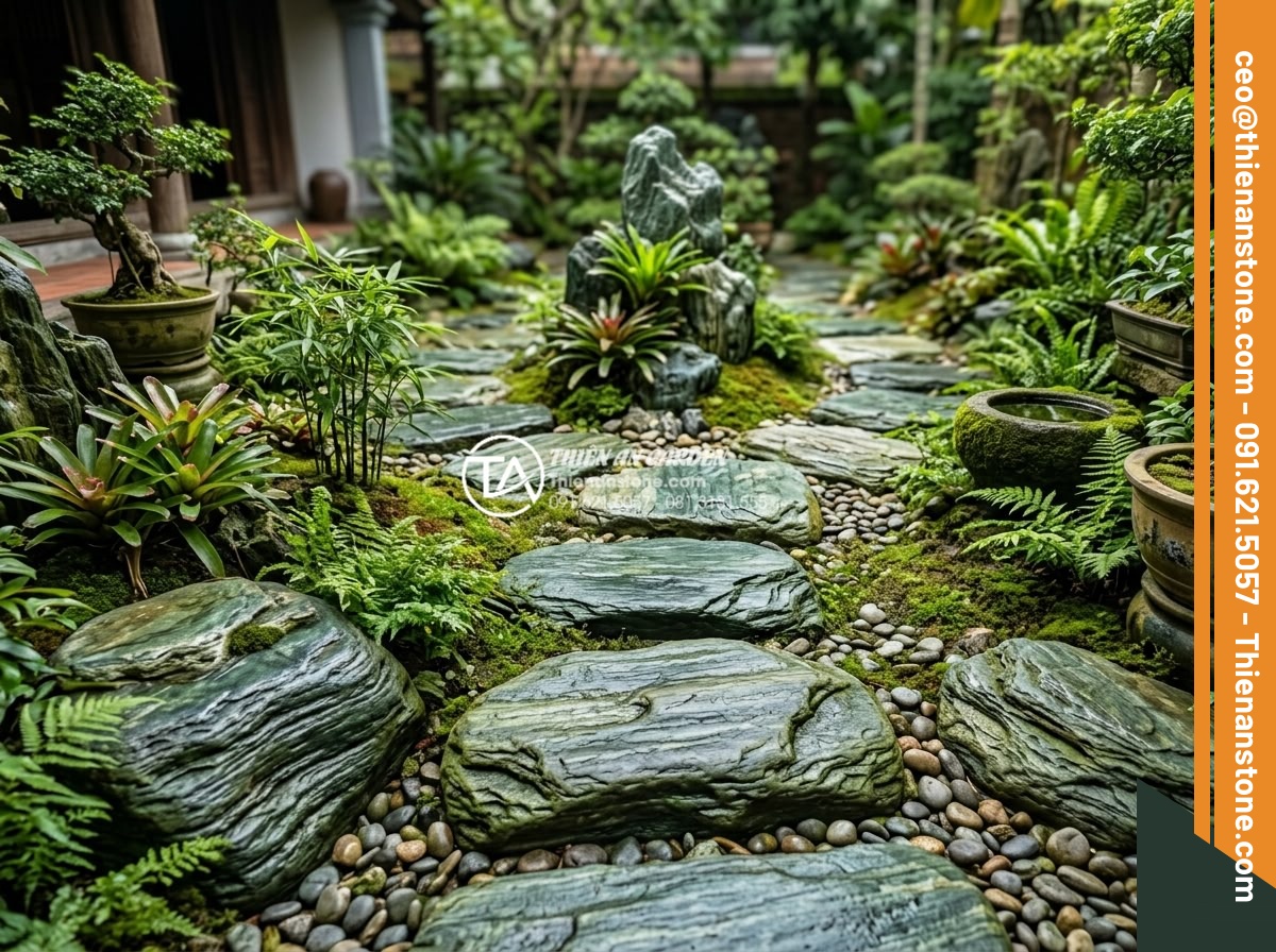 Top 10 lỗi phong thủy khi đặt đá dậm bước làm hao tài tốn của - Properly sized natural stepping stones in balanced garden layout for optimal ene