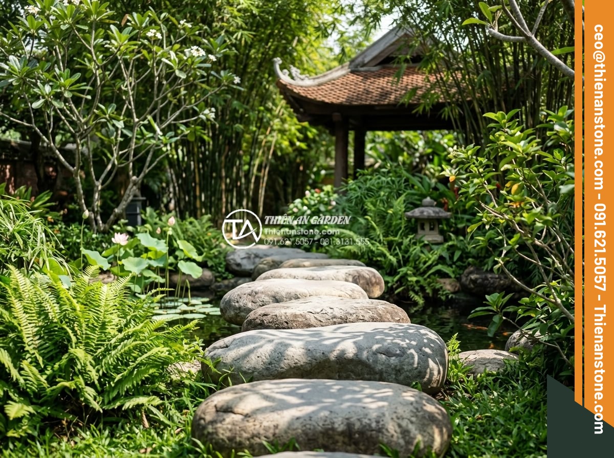 Top 10 lỗi phong thủy khi đặt đá dậm bước làm hao tài tốn của - Correct odd-numbered stepping stone layout in harmonious Feng Shui garden settin