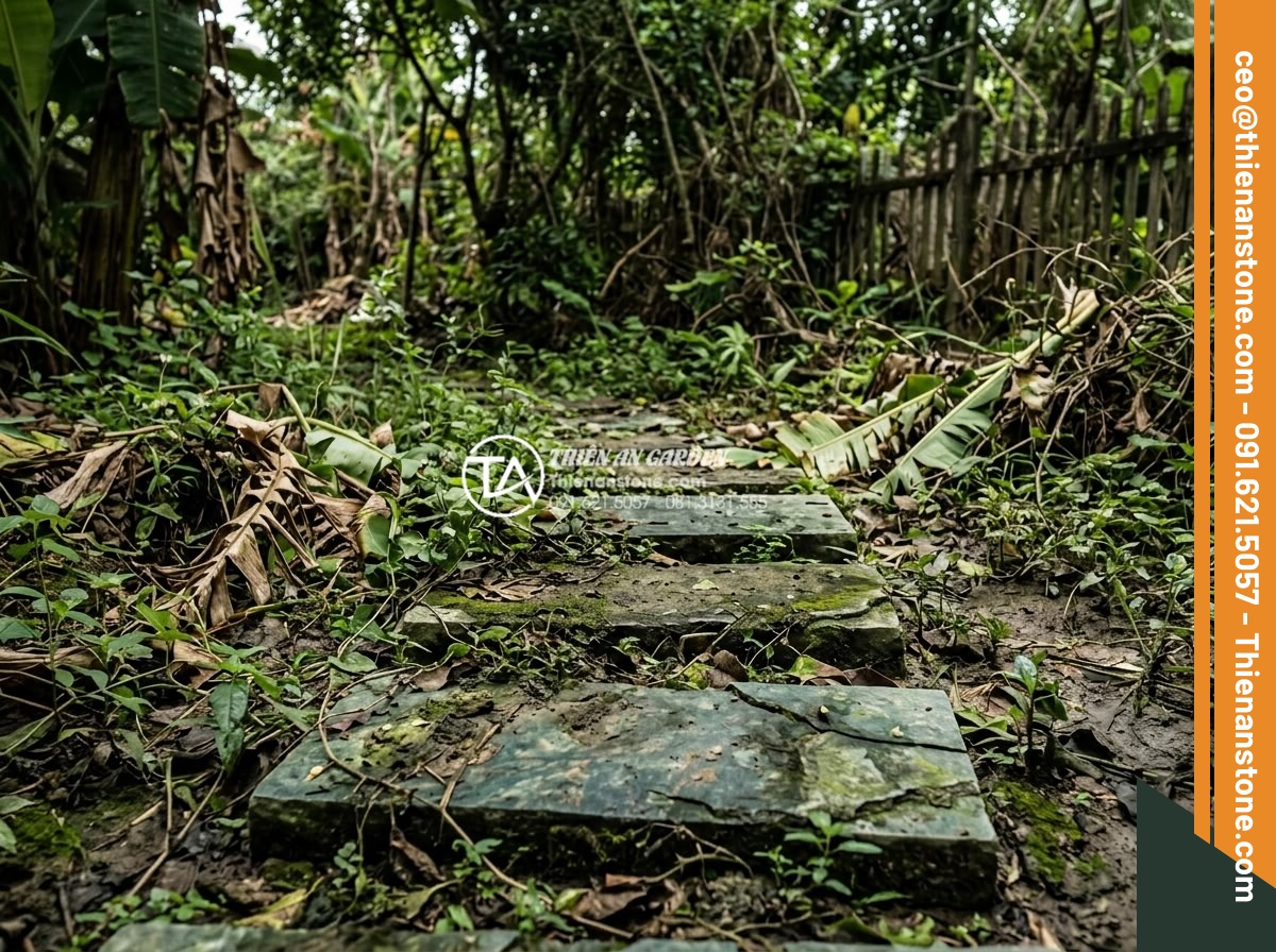 Top 10 lỗi phong thủy khi đặt đá dậm bước làm hao tài tốn của - Damaged or dirty stepping stones attracting negative energy in neglected garden 