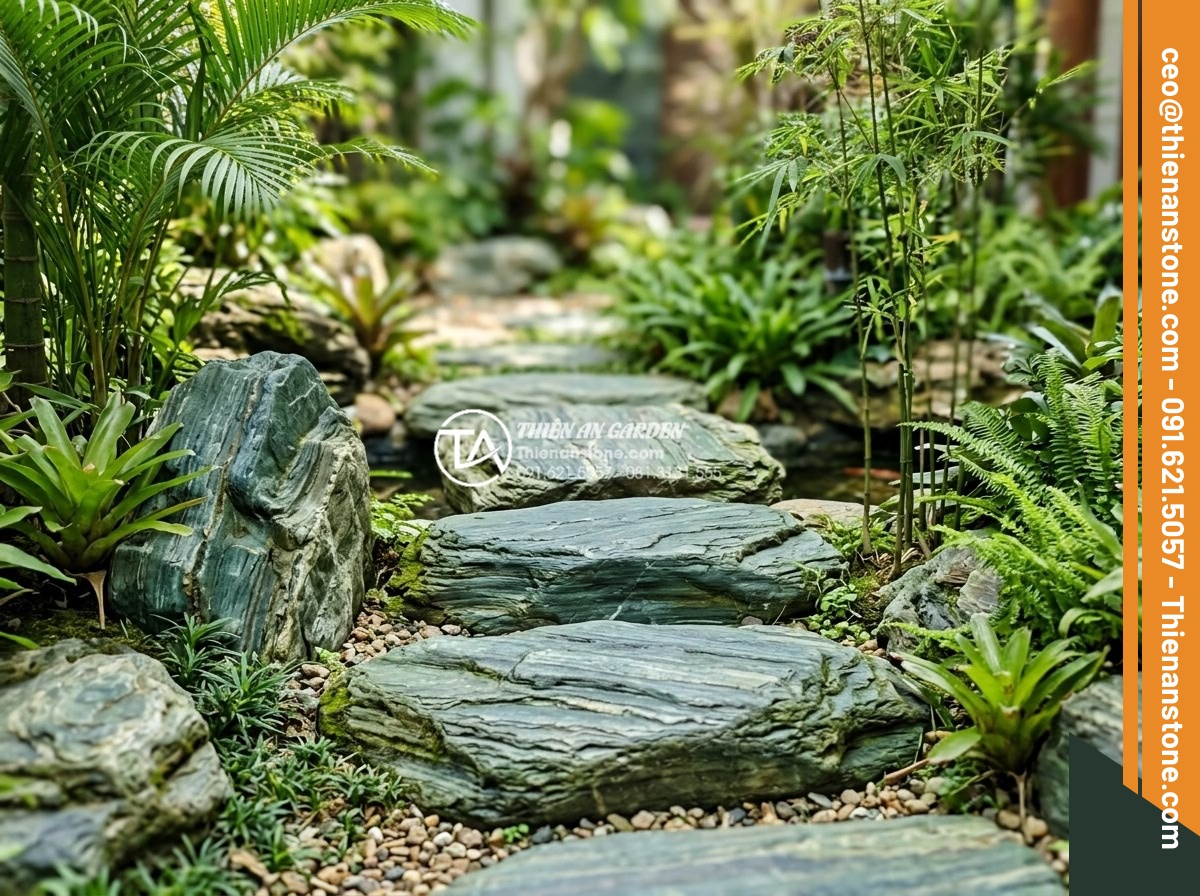 Top 10 lỗi phong thủy khi đặt đá dậm bước làm hao tài tốn của - Clean and well-maintained natural stepping stones in pristine garden condition f