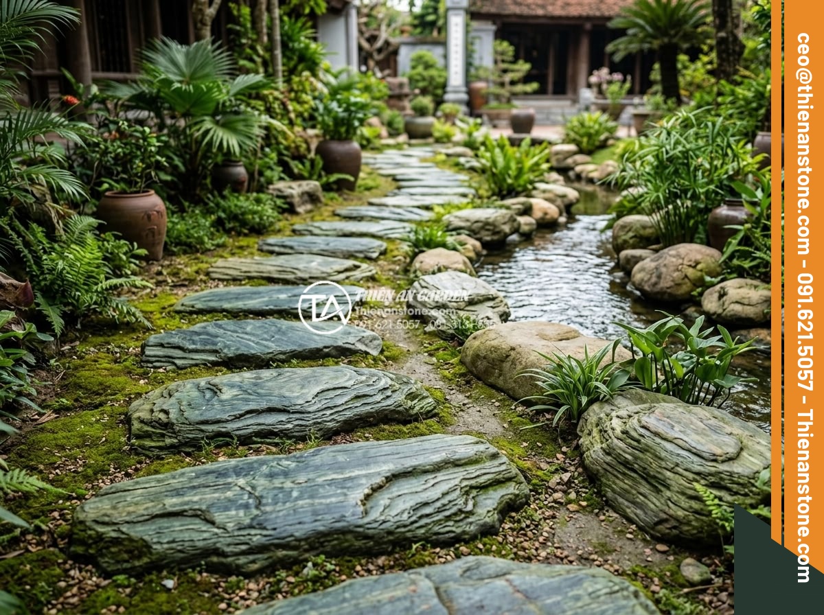 Top 10 lỗi phong thủy khi đặt đá dậm bước làm hao tài tốn của - Feng Shui garden path with natural stepping stones avoiding sharp angles, featur