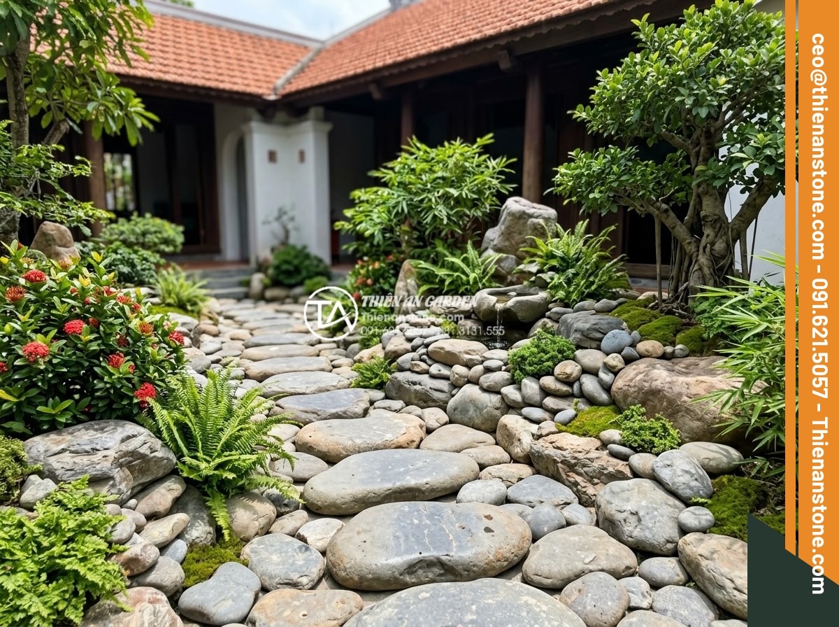 Top 10 lỗi phong thủy khi đặt đá dậm bước làm hao tài tốn của - Overview of Vietnamese villa garden with properly placed stepping stones integra