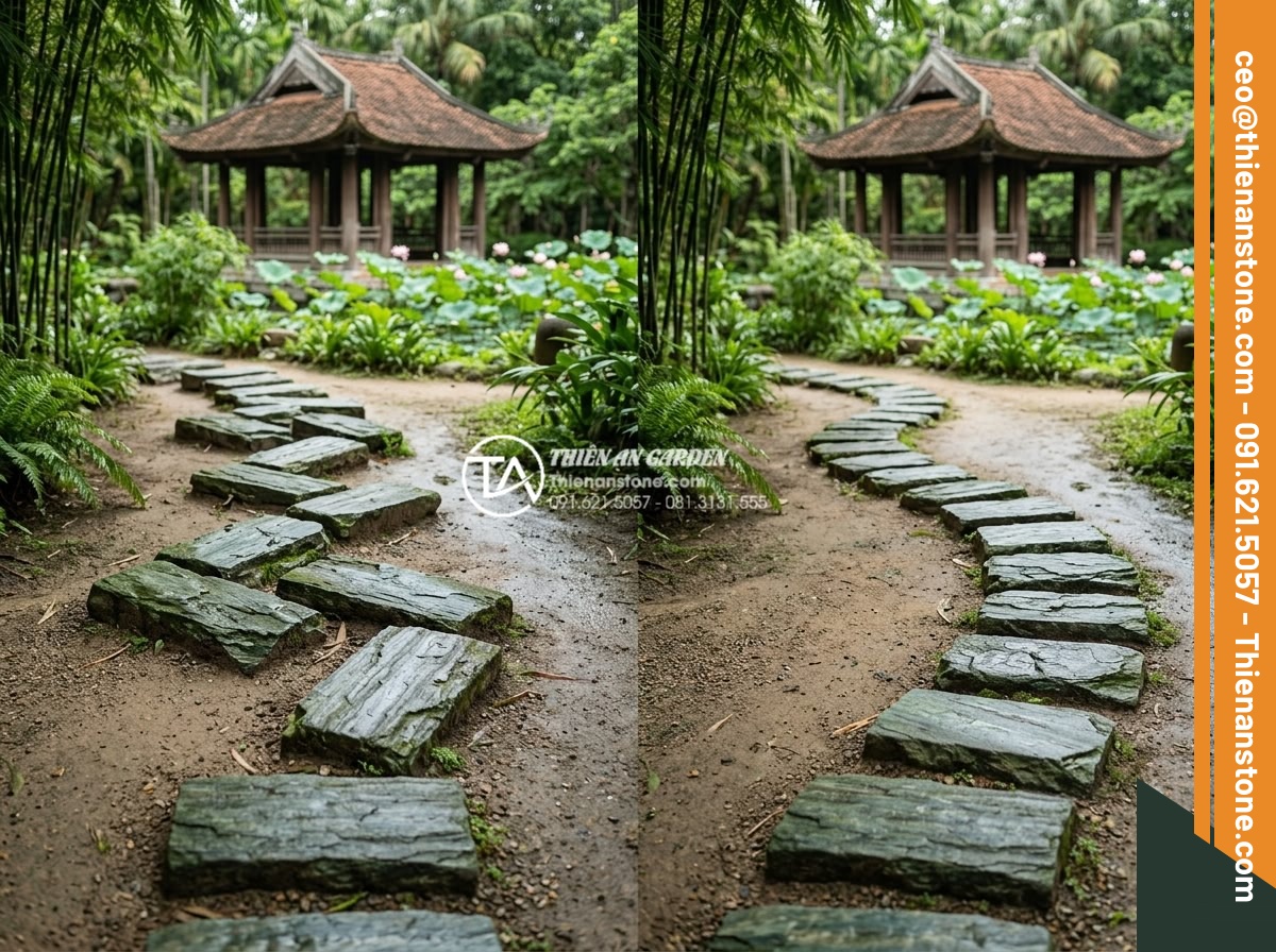 Top 10 lỗi phong thủy khi đặt đá dậm bước làm hao tài tốn của - Comparison image of wrong vs correct stepping stone direction in Feng Shui garde
