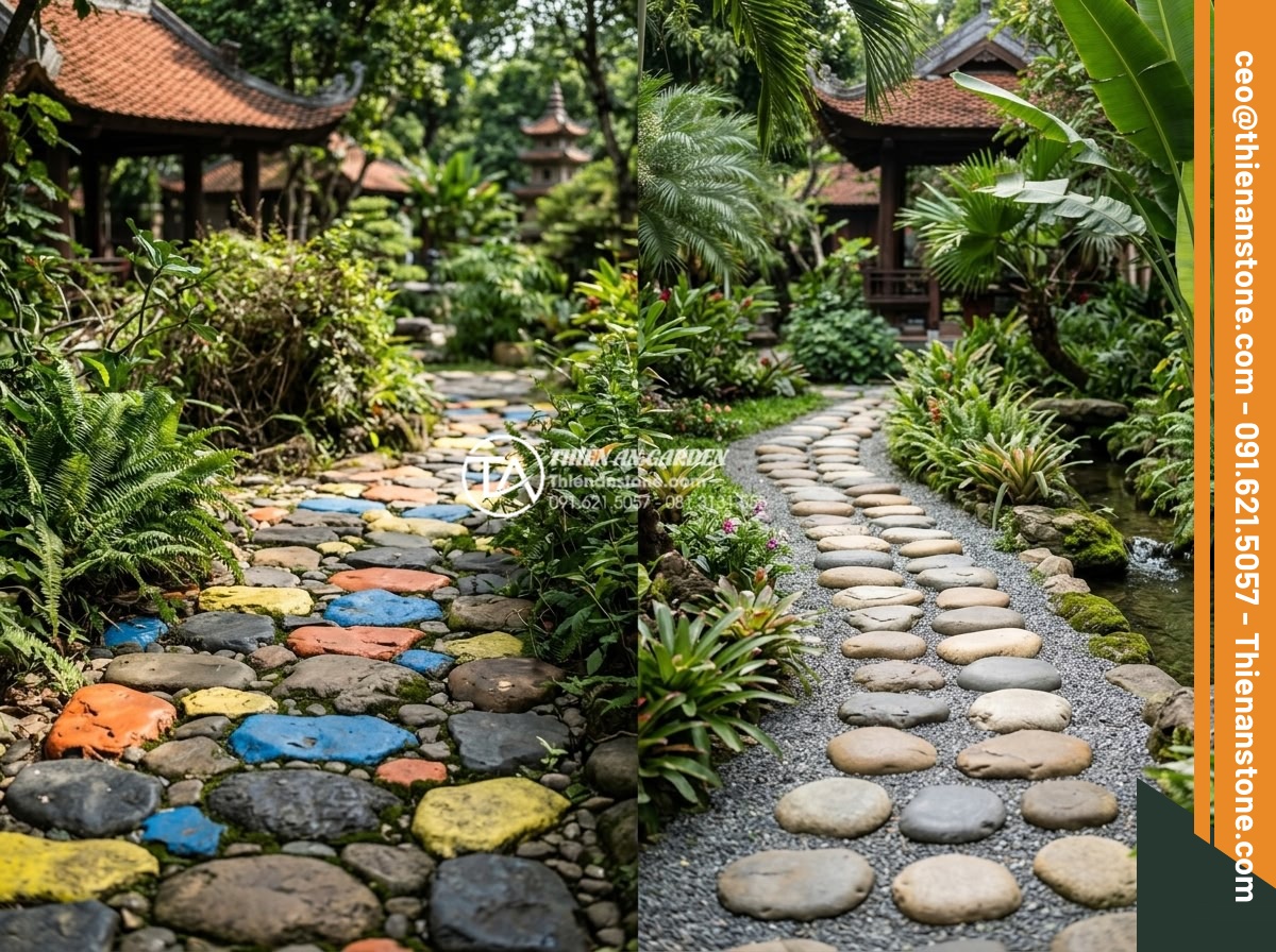 Top 10 lỗi phong thủy khi đặt đá dậm bước làm hao tài tốn của - Examples of stepping stones in clashing colors versus harmonious colors accordin