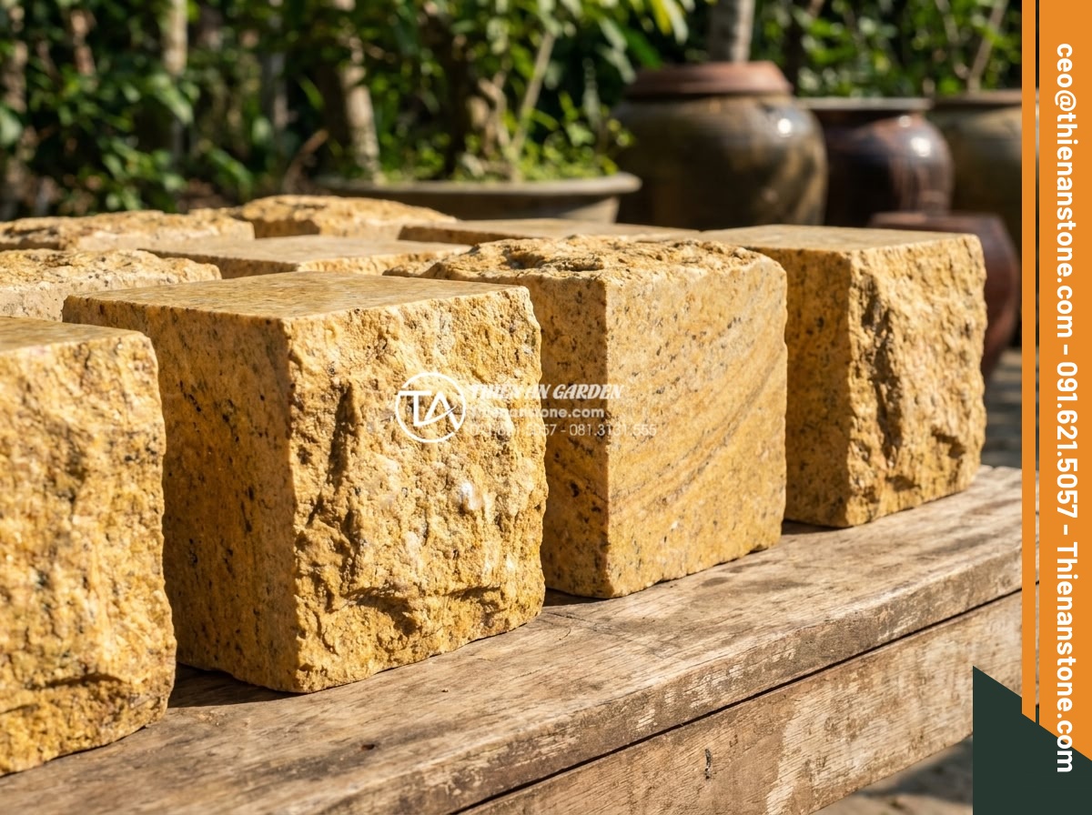 Top 15 mẫu lát đá cubic sân vườn đẹp mắt dẫn đầu xu hướng 2026 - Side-by-side comparison of different natural stone types cut into cubic shapes u