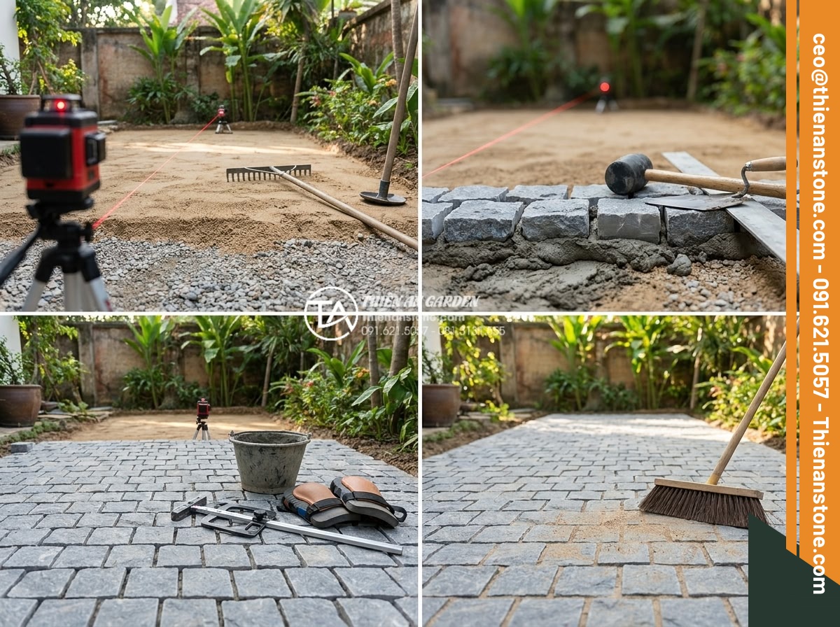 Top 15 mẫu lát đá cubic sân vườn đẹp mắt dẫn đầu xu hướng 2026 - Step-by-step professional construction process of laying cubic stones on garden 