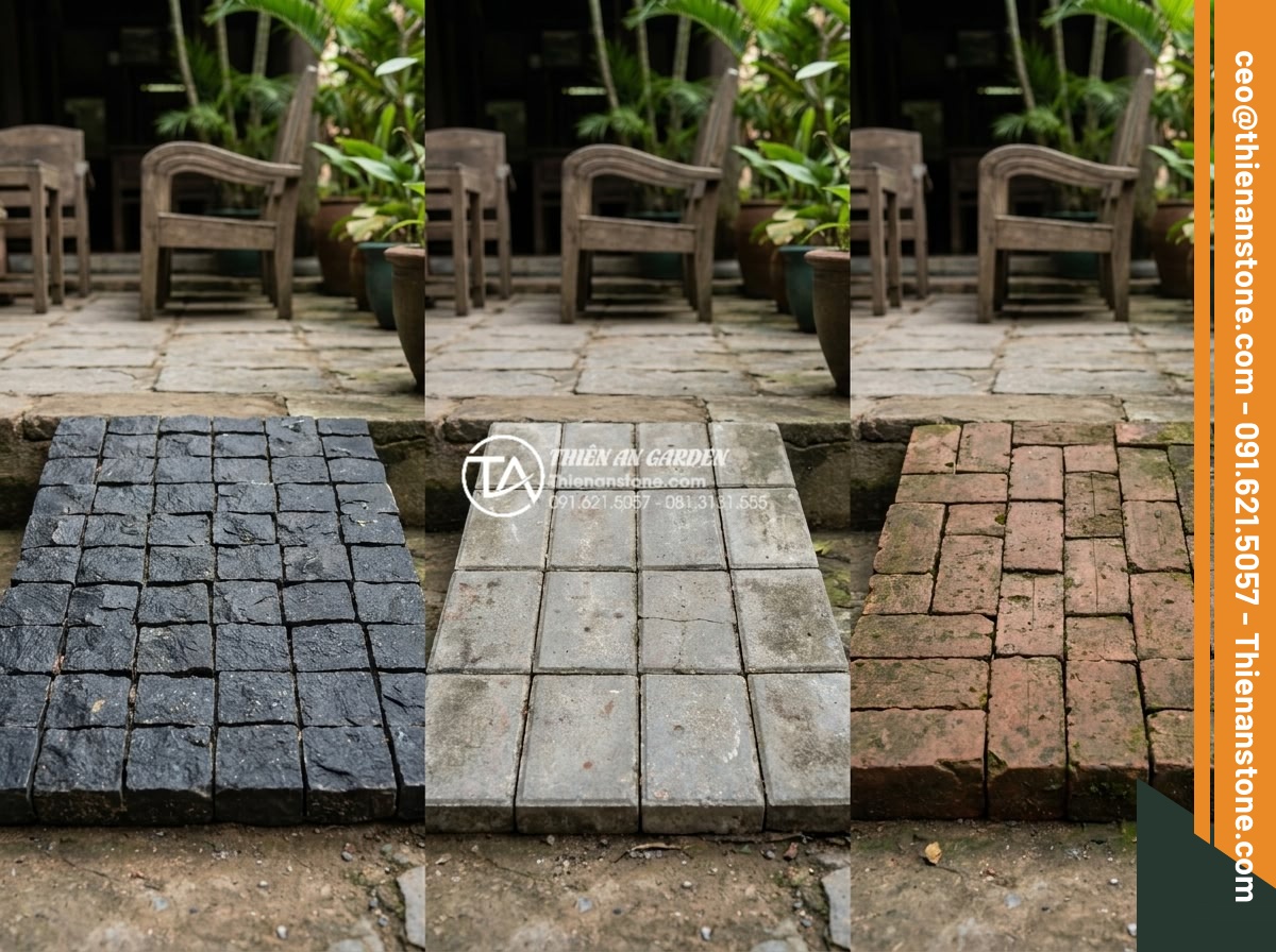 Top 15 mẫu lát đá cubic sân vườn đẹp mắt dẫn đầu xu hướng 2026 - Side by side visual comparison chart of cubic natural stone versus concrete pave