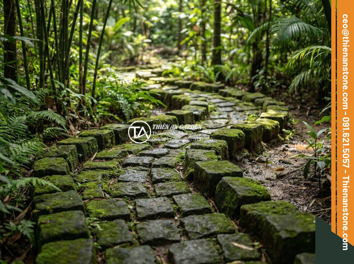 Top 15 mẫu lát đá cubic sân vườn đẹp mắt dẫn đầu xu hướng 2026 - Free-form random layout of green mossy cubic stones creating natural woodland ga