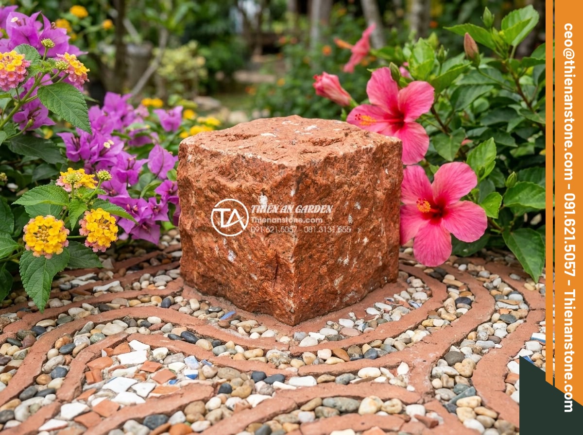 Top 15 mẫu lát đá cubic sân vườn đẹp mắt dẫn đầu xu hướng 2026 - Red cubic stone detail with creative grout design and surrounding colorful flowe